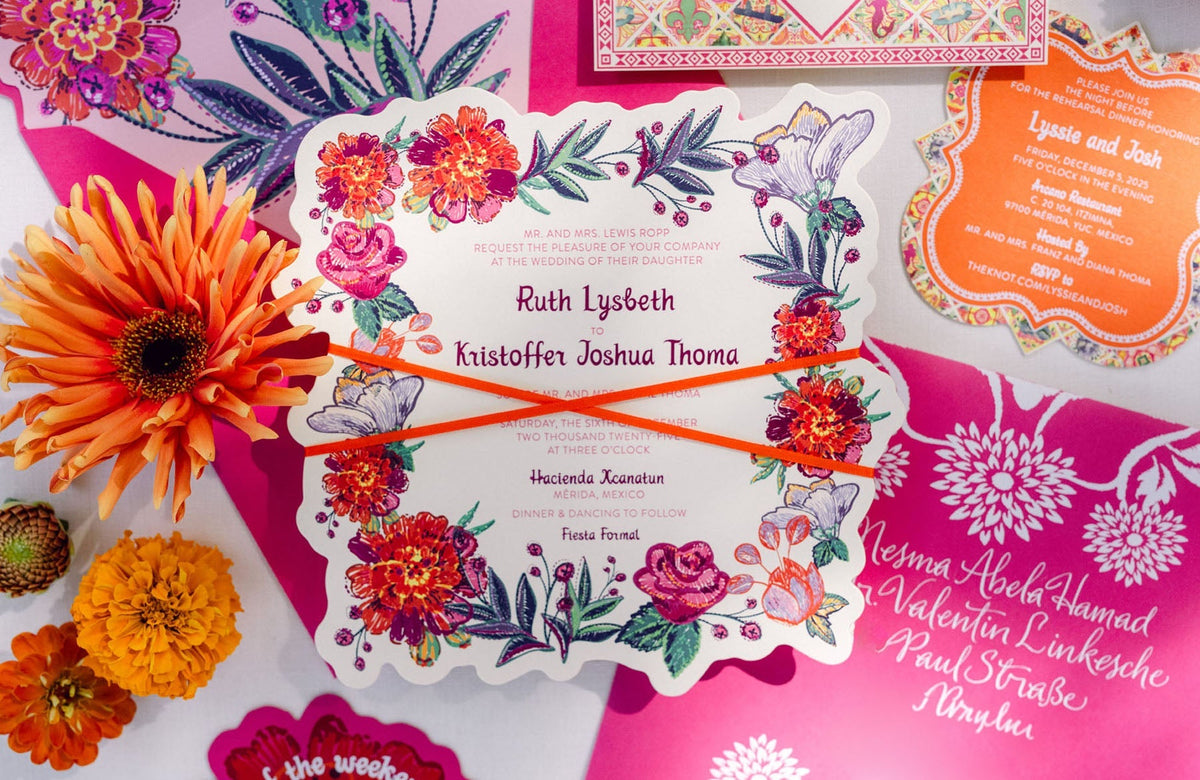 Saltillo Pattern Invitation Destination Mexico! Tropical Wedding Invitations — Bespoke Designs