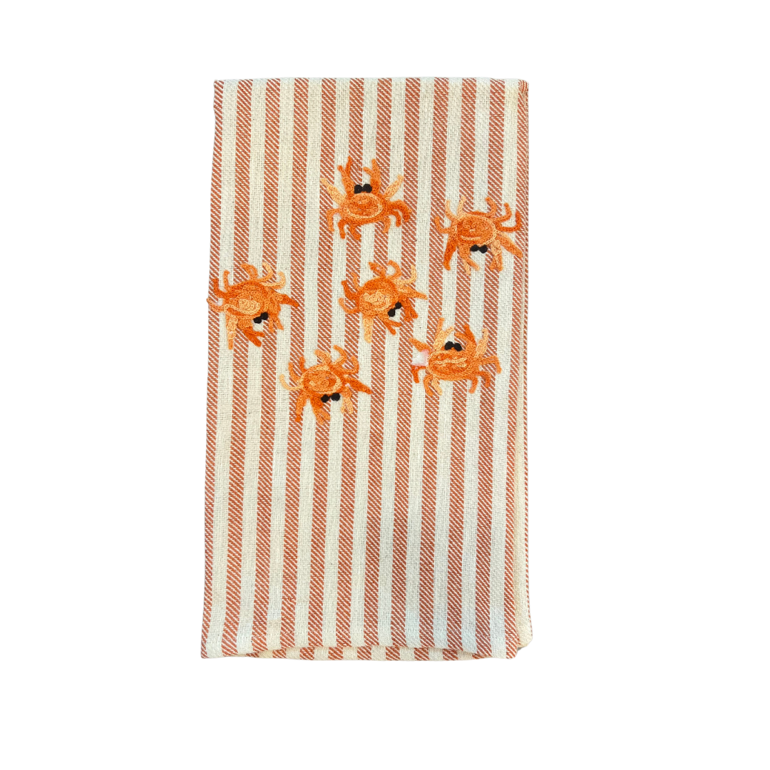 Crabs Embroidered Kitchen Towel, Orange Stripe