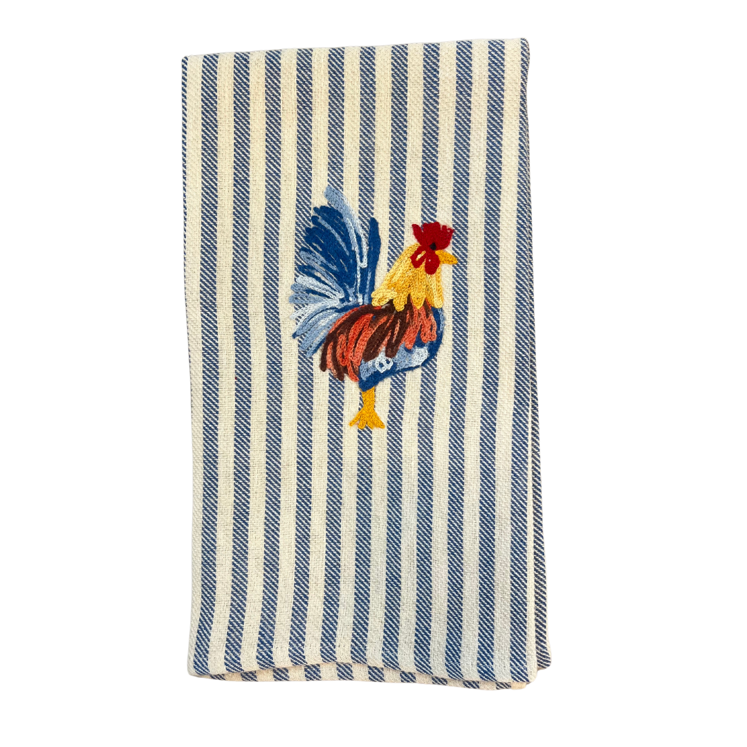 Cock Embroidered Kitchen Towel, Blue Stripe
