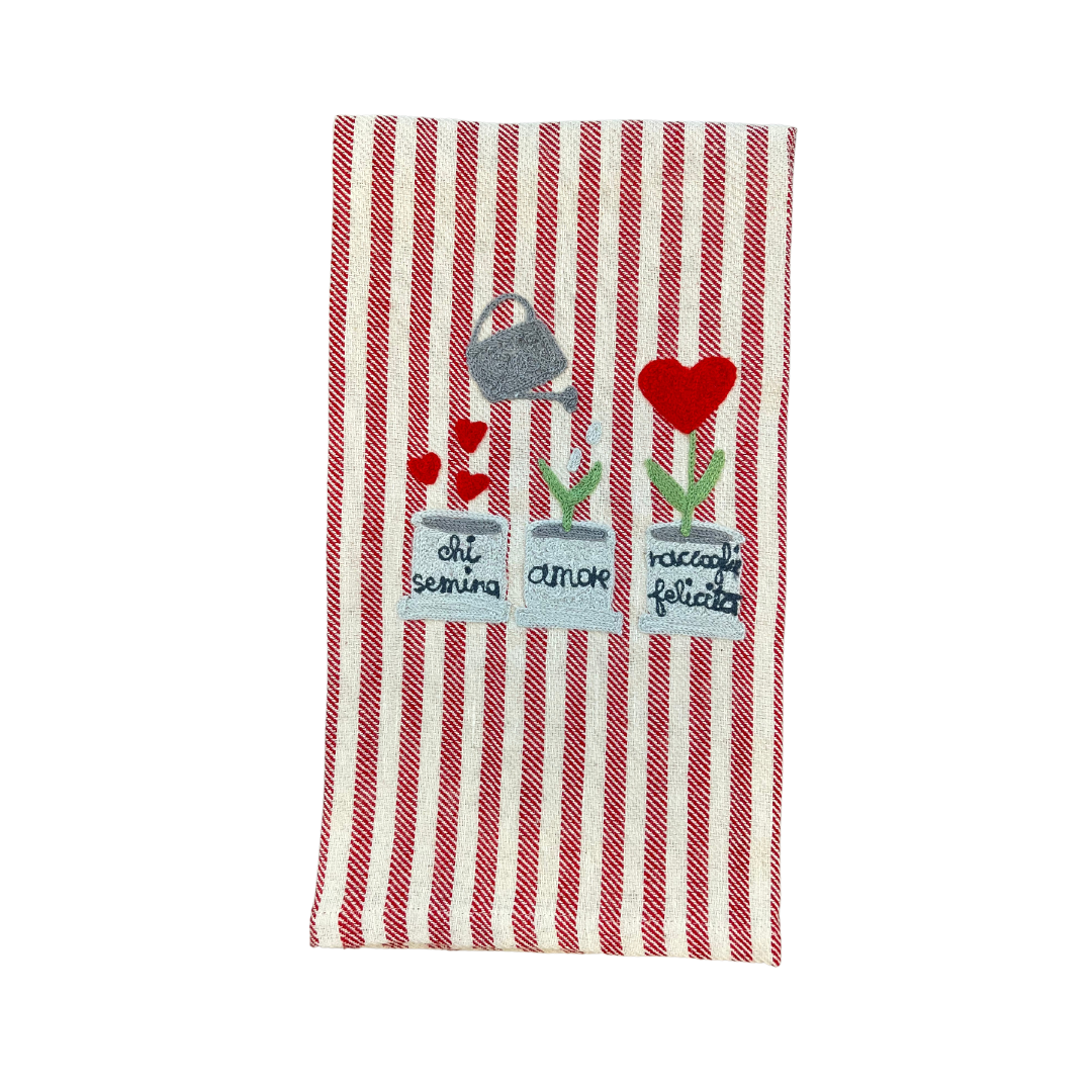 Love Embroidered Kitchen Towel, Red Stripe