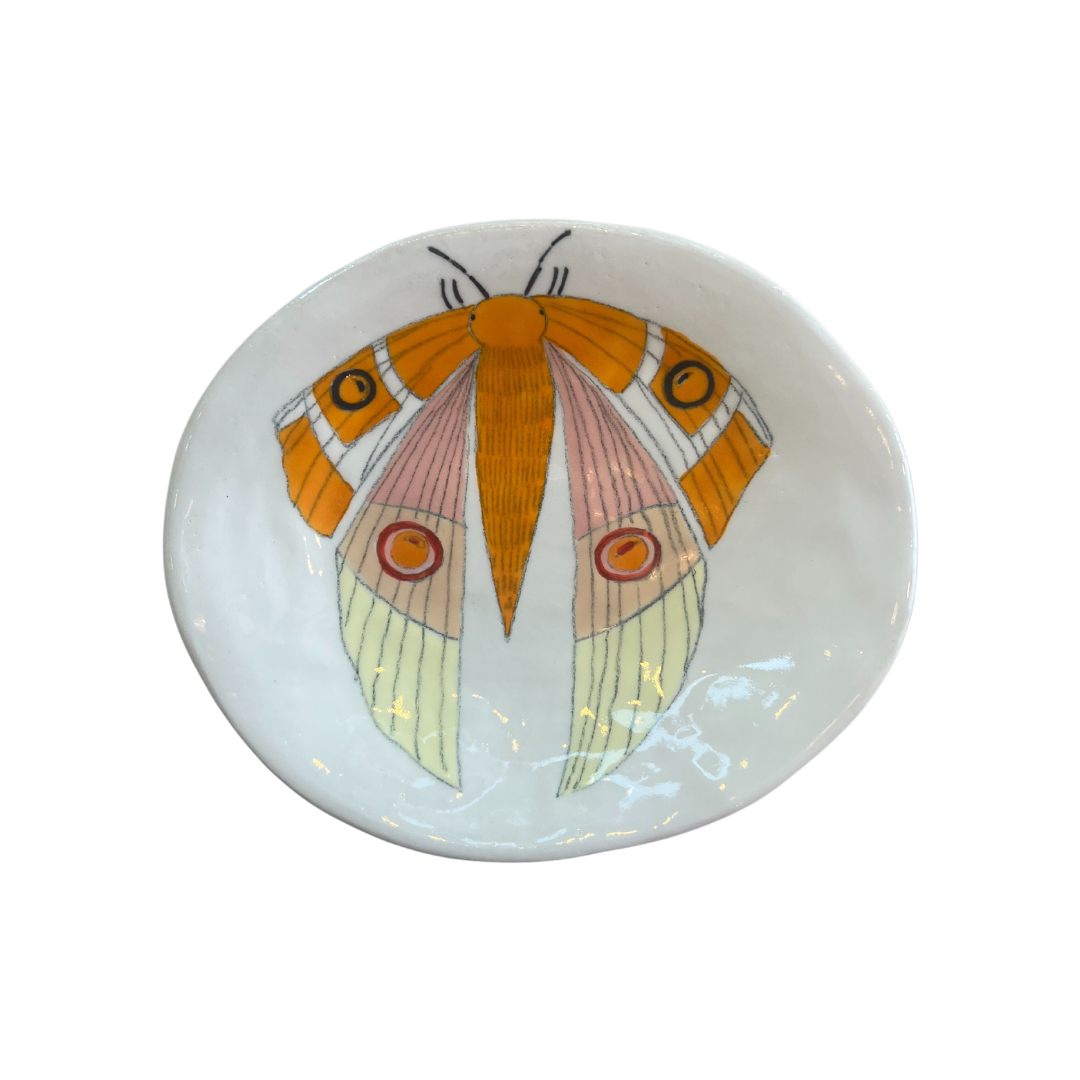 Small Hand-painted Ceramic Anything Dish, Pink, Ivory & Amber Moth-Bespoke Designs