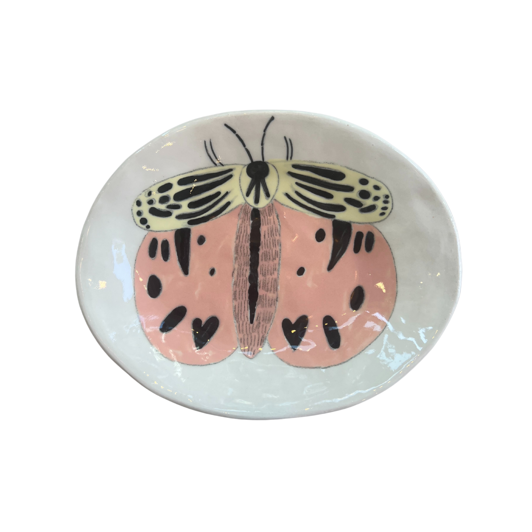 Small Hand-painted Ceramic Anything Dish, Pink & Ivory Moth-Bespoke Designs