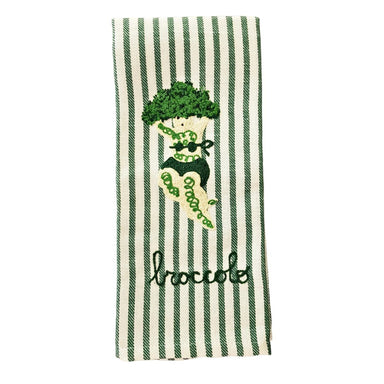 Broccoli Embroidered Kitchen Towel, Green Stripe-Bespoke Designs