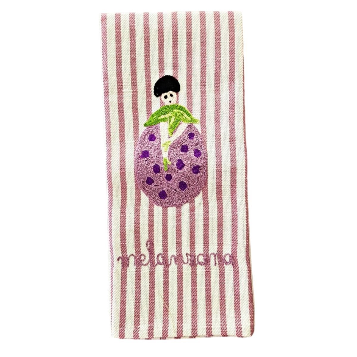 Eggplant Embroidered Kitchen Towel, Lavender Stripe-Bespoke Designs