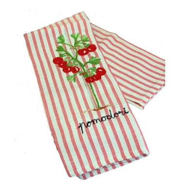 Tomato Embroidered Kitchen Towel, Red Stripe-Bespoke Designs